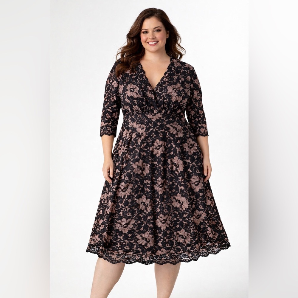 Kiyonna Black Blush Lace Fit & Flare Dress L USA Made with Pockets